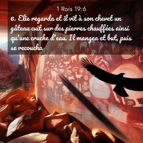 Segond21 1 Rois  ; image nature: image avec le verset biblique :Elie regarda et il vit à son chevet un gâteau cuit sur des pierres chauffées ainsi qu&#039;une cruche d&#039;eau. Il mangea et but, puis se recoucha. ;  ; 19:6