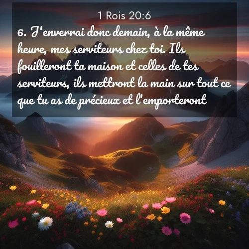 Segond21 1 Rois  ; image nature: image avec le verset biblique :J&#039;enverrai donc demain, à la même heure, mes serviteurs chez toi. Ils fouilleront ta maison et celles de tes serviteurs, ils mettront la main sur tout ce que tu as de précieux et l&#039;emporteront.&#039;» ;  ; 20:6