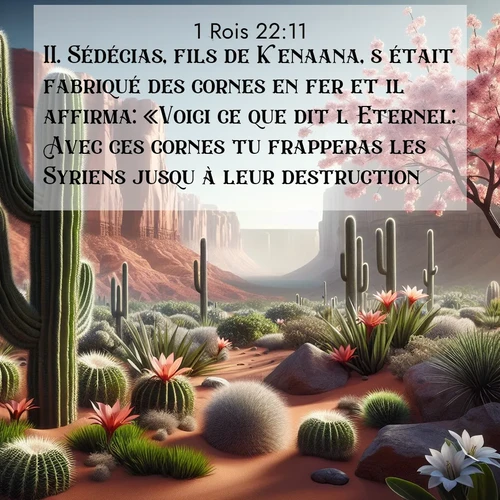 Segond21 1 Rois  ; image nature: image avec le verset biblique :Sédécias, fils de Kenaana, s&#039;était fabriqué des cornes en fer et il affirma: «Voici ce que dit l&#039;Eternel: Avec ces cornes tu frapperas les Syriens jusqu&#039;à leur destruction.» ;  ; 22:11