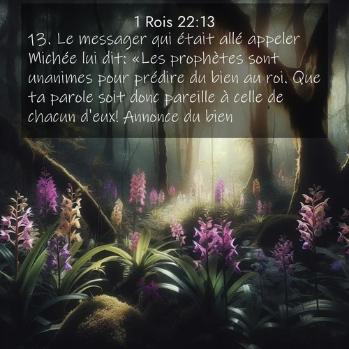 Segond21 1 Rois  ; image nature: image avec le verset biblique :Le messager qui était allé appeler Michée lui dit: «Les prophètes sont unanimes pour prédire du bien au roi. Que ta parole soit donc pareille à celle de chacun d&#039;eux! Annonce du bien!» ;  ; 22:13