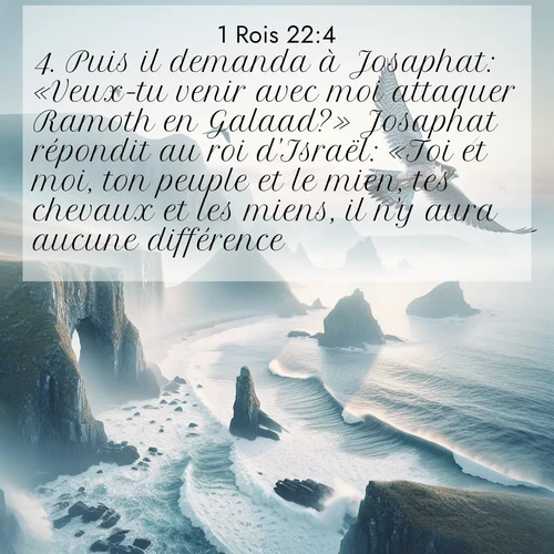 Segond21 1 Rois  ; image nature: image avec le verset biblique :Puis il demanda à Josaphat: «Veux-tu venir avec moi attaquer Ramoth en Galaad?» Josaphat répondit au roi d&#039;Israël: «Toi et moi, ton peuple et le mien, tes chevaux et les miens, il n&#039;y aura aucune différence.» ;  ; 22:4