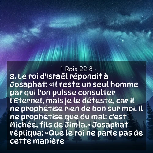 Segond21 1 Rois  ; image nature: image avec le verset biblique :Le roi d&#039;Israël répondit à Josaphat: «Il reste un seul homme par qui l&#039;on puisse consulter l&#039;Eternel, mais je le déteste, car il ne prophétise rien de bon sur moi, il ne prophétise que du mal: c&#039;est Michée, fils de Jimla.» Josaphat répliqua: «Que le roi ne parle pas de cette manière!» ;  ; 22:8