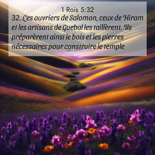 Segond21 1 Rois  ; image nature: image avec le verset biblique :Les ouvriers de Salomon, ceux de Hiram et les artisans de Guebal les taillèrent. Ils préparèrent ainsi le bois et les pierres nécessaires pour construire le temple. ;  ; 5:32