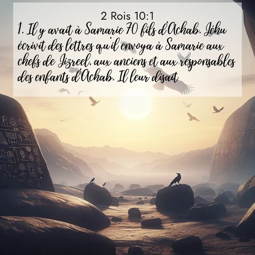 Segond21 2 Rois  ; image nature: image avec le verset biblique :Il y avait à Samarie 70 fils d&#039;Achab. Jéhu écrivit des lettres qu&#039;il envoya à Samarie aux chefs de Jizreel, aux anciens et aux responsables des enfants d&#039;Achab. Il leur disait: ;  ; 10:1