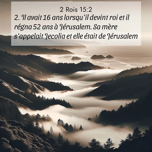 Segond21 2 Rois  ; image nature: image avec le verset biblique :Il avait 16 ans lorsqu&#039;il devint roi et il régna 52 ans à Jérusalem. Sa mère s&#039;appelait Jecolia et elle était de Jérusalem. ;  ; 15:2