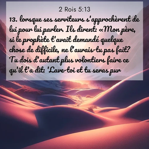 Segond21 2 Rois  ; image nature: image avec le verset biblique :lorsque ses serviteurs s&#039;approchèrent de lui pour lui parler. Ils dirent: «Mon père, si le prophète t&#039;avait demandé quelque chose de difficile, ne l&#039;aurais-tu pas fait? Tu dois d&#039;autant plus volontiers faire ce qu&#039;il t&#039;a dit: &#039;Lave-toi et tu seras pur!&#039;» ;  ; 5:13