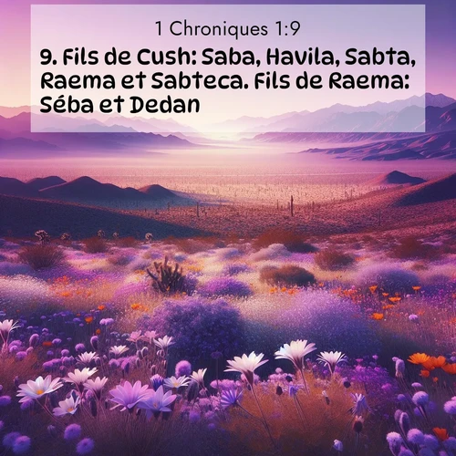 Segond21 1 Chroniques  ; image nature: image avec le verset biblique :Fils de Cush: Saba, Havila, Sabta, Raema et Sabteca. Fils de Raema: Séba et Dedan. ;  ; 1:9