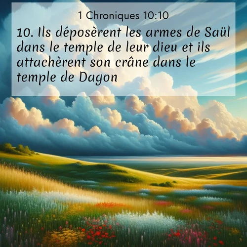 Segond21 1 Chroniques  ; image nature: image avec le verset biblique :Ils déposèrent les armes de Saül dans le temple de leur dieu et ils attachèrent son crâne dans le temple de Dagon. ;  ; 10:10