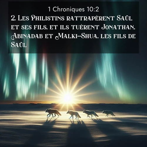 Segond21 1 Chroniques  ; image nature: image avec le verset biblique :Les Philistins rattrapèrent Saül et ses fils, et ils tuèrent Jonathan, Abinadab et Malki-Shua, les fils de Saül. ;  ; 10:2