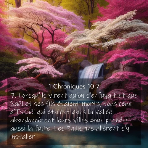 Segond21 1 Chroniques  ; image nature: image avec le verset biblique :Lorsqu&#039;ils virent qu&#039;on s&#039;enfuyait et que Saül et ses fils étaient morts, tous ceux d&#039;Israël qui étaient dans la vallée abandonnèrent leurs villes pour prendre aussi la fuite. Les Philistins allèrent s&#039;y installer. ;  ; 10:7