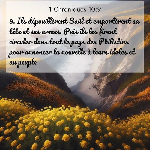 Segond21 1 Chroniques  ; image nature: image avec le verset biblique :Ils dépouillèrent Saül et emportèrent sa tête et ses armes. Puis ils les firent circuler dans tout le pays des Philistins pour annoncer la nouvelle à leurs idoles et au peuple. ;  ; 10:9