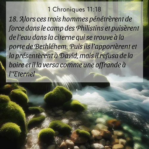 Segond21 1 Chroniques  ; image nature: image avec le verset biblique :Alors ces trois hommes pénétrèrent de force dans le camp des Philistins et puisèrent de l&#039;eau dans la citerne qui se trouve à la porte de Bethléhem. Puis ils l&#039;apportèrent et la présentèrent à David, mais il refusa de la boire et il la versa comme une offrande à l&#039;Eternel. ;  ; 11:18