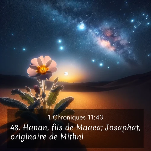 Segond21 1 Chroniques  ; image nature: image avec le verset biblique :Hanan, fils de Maaca; Josaphat, originaire de Mithni; ;  ; 11:43