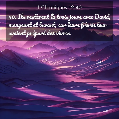 Segond21 1 Chroniques  ; image nature: image avec le verset biblique :Ils restèrent là trois jours avec David, mangeant et buvant, car leurs frères leur avaient préparé des vivres. ;  ; 12:40