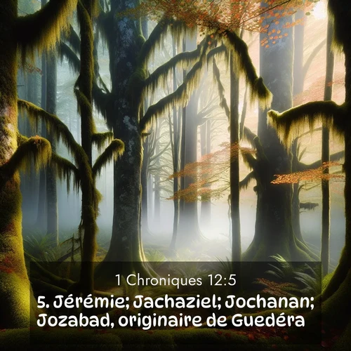 Segond21 1 Chroniques  ; image nature: image avec le verset biblique :Jérémie; Jachaziel; Jochanan; Jozabad, originaire de Guedéra; ;  ; 12:5