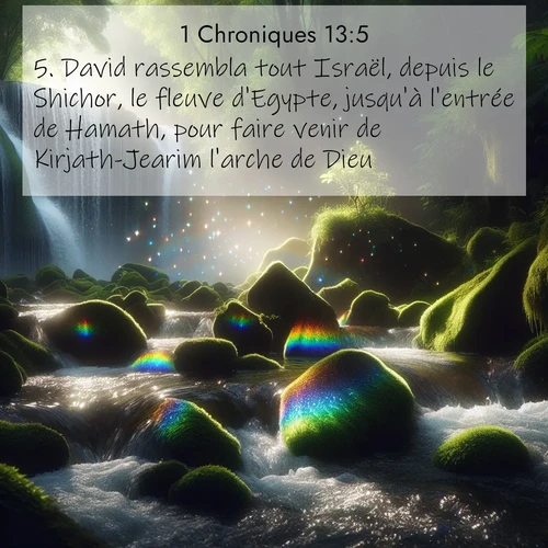 Segond21 1 Chroniques  ; image nature: image avec le verset biblique :David rassembla tout Israël, depuis le Shichor, le fleuve d&#039;Egypte, jusqu&#039;à l&#039;entrée de Hamath, pour faire venir de Kirjath-Jearim l&#039;arche de Dieu. ;  ; 13:5