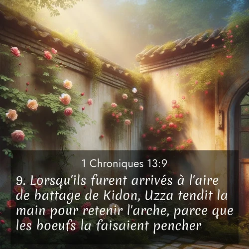 Segond21 1 Chroniques  ; image nature: image avec le verset biblique :Lorsqu&#039;ils furent arrivés à l&#039;aire de battage de Kidon, Uzza tendit la main pour retenir l&#039;arche, parce que les boeufs la faisaient pencher. ;  ; 13:9