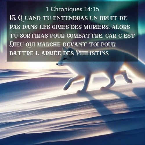 Segond21 1 Chroniques  ; image nature: image avec le verset biblique :Quand tu entendras un bruit de pas dans les cimes des mûriers, alors tu sortiras pour combattre, car c&#039;est Dieu qui marche devant toi pour battre l&#039;armée des Philistins.» ;  ; 14:15
