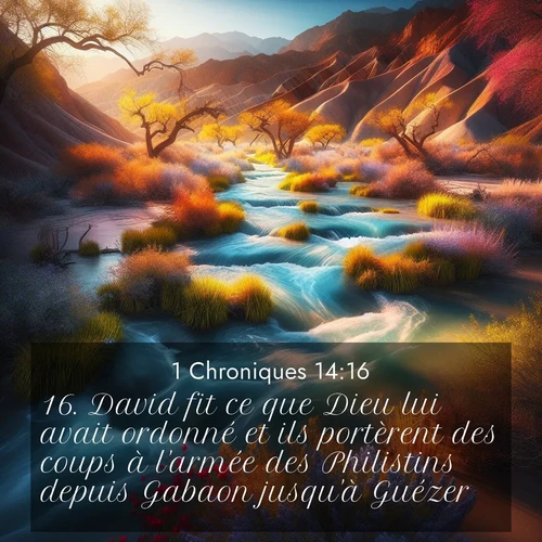 Segond21 1 Chroniques  ; image nature: image avec le verset biblique :David fit ce que Dieu lui avait ordonné et ils portèrent des coups à l&#039;armée des Philistins depuis Gabaon jusqu&#039;à Guézer. ;  ; 14:16