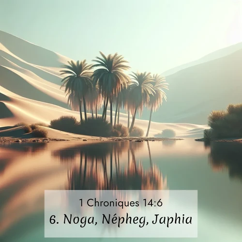 Segond21 1 Chroniques  ; image nature: image avec le verset biblique :Noga, Népheg, Japhia, ;  ; 14:6