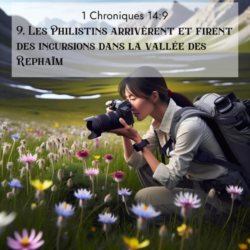 Segond21 1 Chroniques  ; image nature: image avec le verset biblique :Les Philistins arrivèrent et firent des incursions dans la vallée des Rephaïm. ;  ; 14:9