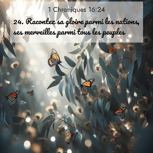 Segond21 1 Chroniques  ; image nature: image avec le verset biblique :Racontez sa gloire parmi les nations, ses merveilles parmi tous les peuples! ;  ; 16:24