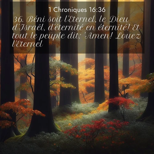 Segond21 1 Chroniques  ; image nature: image avec le verset biblique :Béni soit l&#039;Eternel, le Dieu d&#039;Israël, d&#039;éternité en éternité! Et tout le peuple dit: &#039;Amen! Louez l&#039;Eternel!&#039;» ;  ; 16:36