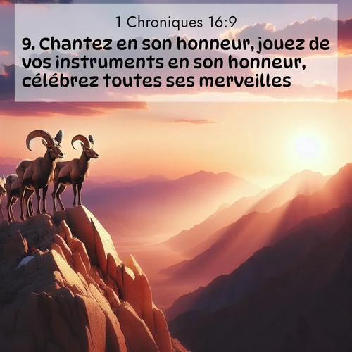 Segond21 1 Chroniques  ; image nature: image avec le verset biblique :Chantez en son honneur, jouez de vos instruments en son honneur, célébrez toutes ses merveilles! ;  ; 16:9