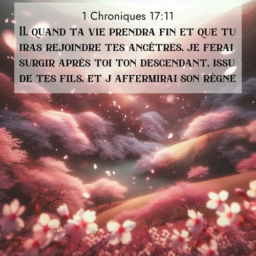 Segond21 1 Chroniques  ; image nature: image avec le verset biblique :quand ta vie prendra fin et que tu iras rejoindre tes ancêtres, je ferai surgir après toi ton descendant, issu de tes fils, et j&#039;affermirai son règne. ;  ; 17:11