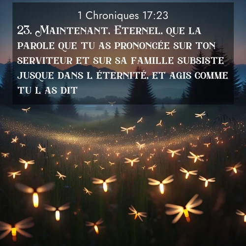 Segond21 1 Chroniques  ; image nature: image avec le verset biblique :Maintenant, Eternel, que la parole que tu as prononcée sur ton serviteur et sur sa famille subsiste jusque dans l&#039;éternité, et agis comme tu l&#039;as dit! ;  ; 17:23