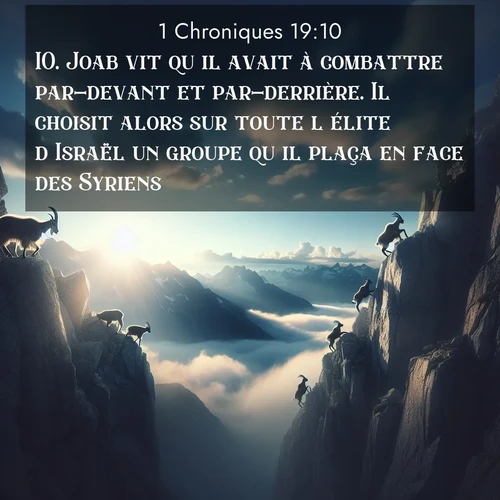 Segond21 1 Chroniques  ; image nature: image avec le verset biblique :Joab vit qu&#039;il avait à combattre par-devant et par-derrière. Il choisit alors sur toute l&#039;élite d&#039;Israël un groupe qu&#039;il plaça en face des Syriens. ;  ; 19:10