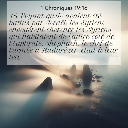 Segond21 1 Chroniques  ; image nature: image avec le verset biblique :Voyant qu&#039;ils avaient été battus par Israël, les Syriens envoyèrent chercher les Syriens qui habitaient de l&#039;autre côté de l&#039;Euphrate. Shophach, le chef de l&#039;armée d&#039;Hadarézer, était à leur tête. ;  ; 19:16