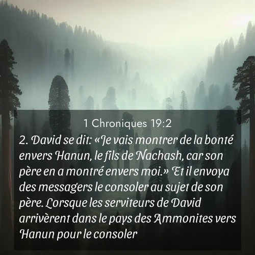 Segond21 1 Chroniques  ; image nature: image avec le verset biblique :David se dit: «Je vais montrer de la bonté envers Hanun, le fils de Nachash, car son père en a montré envers moi.» Et il envoya des messagers le consoler au sujet de son père. Lorsque les serviteurs de David arrivèrent dans le pays des Ammonites vers Hanun pour le consoler, ;  ; 19:2