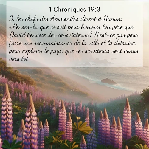 Segond21 1 Chroniques  ; image nature: image avec le verset biblique :les chefs des Ammonites dirent à Hanun: «Penses-tu que ce soit pour honorer ton père que David t&#039;envoie des consolateurs? N&#039;est-ce pas pour faire une reconnaissance de la ville et la détruire, pour explorer le pays, que ses serviteurs sont venus vers toi?» ;  ; 19:3
