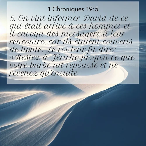 Segond21 1 Chroniques  ; image nature: image avec le verset biblique :On vint informer David de ce qui était arrivé à ces hommes et il envoya des messagers à leur rencontre, car ils étaient couverts de honte. Le roi leur fit dire: «Restez à Jéricho jusqu&#039;à ce que votre barbe ait repoussé et ne revenez qu&#039;ensuite.» ;  ; 19:5