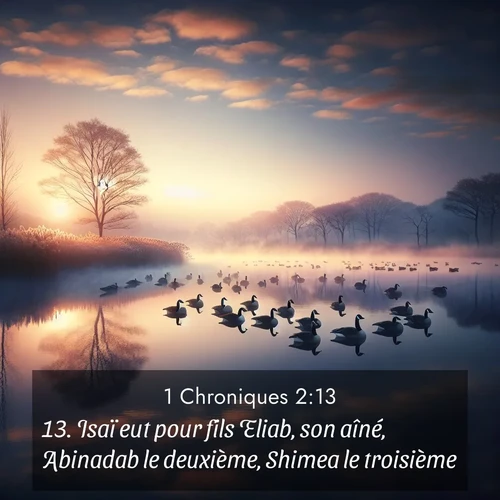 Segond21 1 Chroniques  ; image nature: image avec le verset biblique :Isaï eut pour fils Eliab, son aîné, Abinadab le deuxième, Shimea le troisième, ;  ; 2:13