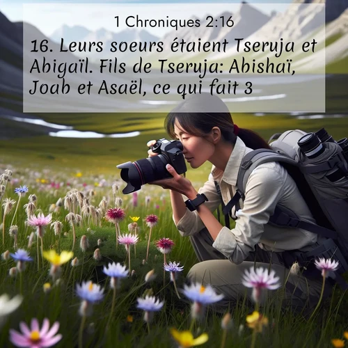 Segond21 1 Chroniques  ; image nature: image avec le verset biblique :Leurs soeurs étaient Tseruja et Abigaïl. Fils de Tseruja: Abishaï, Joab et Asaël, ce qui fait 3. ;  ; 2:16