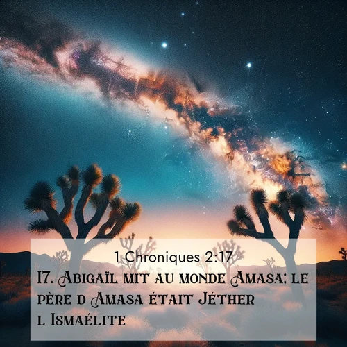 Segond21 1 Chroniques  ; image nature: image avec le verset biblique :Abigaïl mit au monde Amasa; le père d&#039;Amasa était Jéther l&#039;Ismaélite. ;  ; 2:17