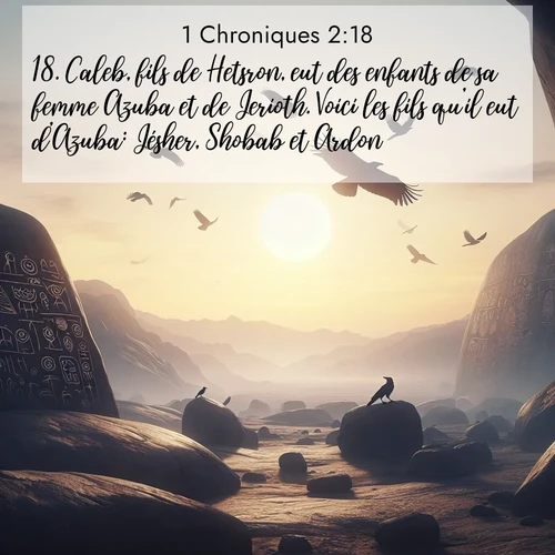 Segond21 1 Chroniques  ; image nature: image avec le verset biblique :Caleb, fils de Hetsron, eut des enfants de sa femme Azuba et de Jerioth. Voici les fils qu&#039;il eut d&#039;Azuba: Jésher, Shobab et Ardon. ;  ; 2:18