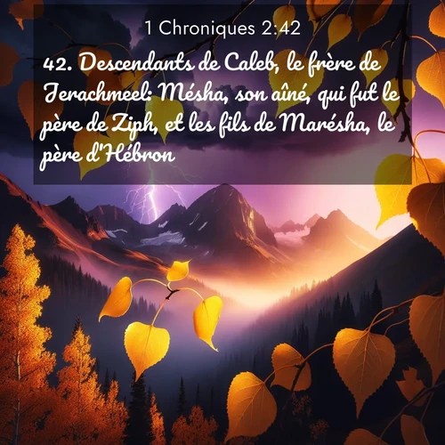 Segond21 1 Chroniques  ; image nature: image avec le verset biblique :Descendants de Caleb, le frère de Jerachmeel: Mésha, son aîné, qui fut le père de Ziph, et les fils de Marésha, le père d&#039;Hébron. ;  ; 2:42