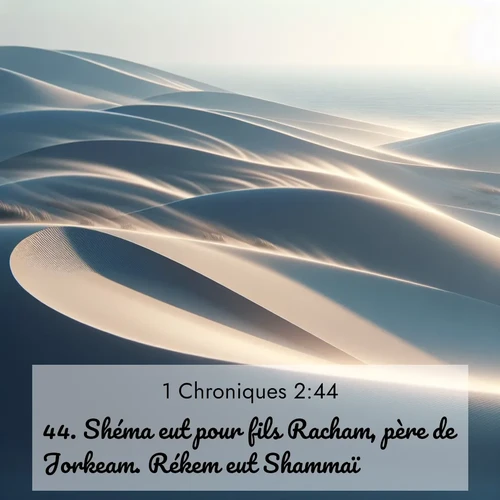 Segond21 1 Chroniques  ; image nature: image avec le verset biblique :Shéma eut pour fils Racham, père de Jorkeam. Rékem eut Shammaï. ;  ; 2:44
