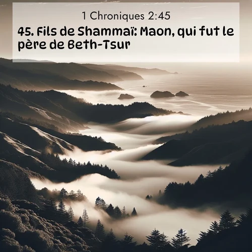 Segond21 1 Chroniques  ; image nature: image avec le verset biblique :Fils de Shammaï: Maon, qui fut le père de Beth-Tsur. ;  ; 2:45