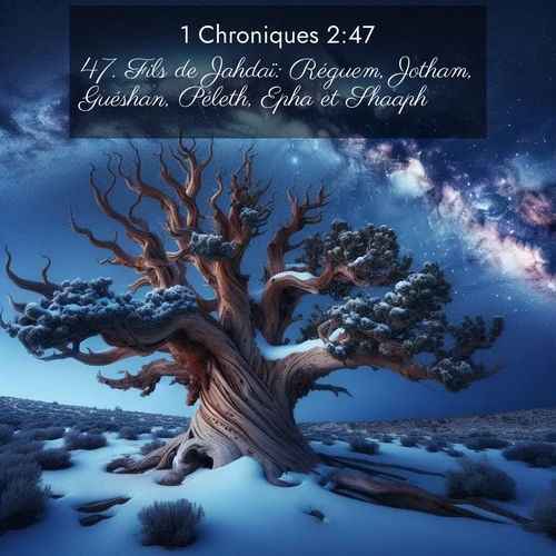 Segond21 1 Chroniques  ; image nature: image avec le verset biblique :Fils de Jahdaï: Réguem, Jotham, Guéshan, Péleth, Epha et Shaaph. ;  ; 2:47