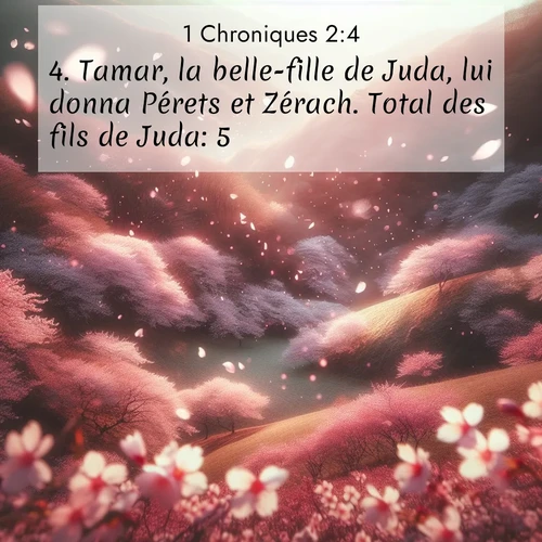 Segond21 1 Chroniques  ; image nature: image avec le verset biblique :Tamar, la belle-fille de Juda, lui donna Pérets et Zérach. Total des fils de Juda: 5. ;  ; 2:4