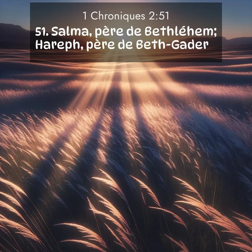 Segond21 1 Chroniques  ; image nature: image avec le verset biblique :Salma, père de Bethléhem; Hareph, père de Beth-Gader. ;  ; 2:51