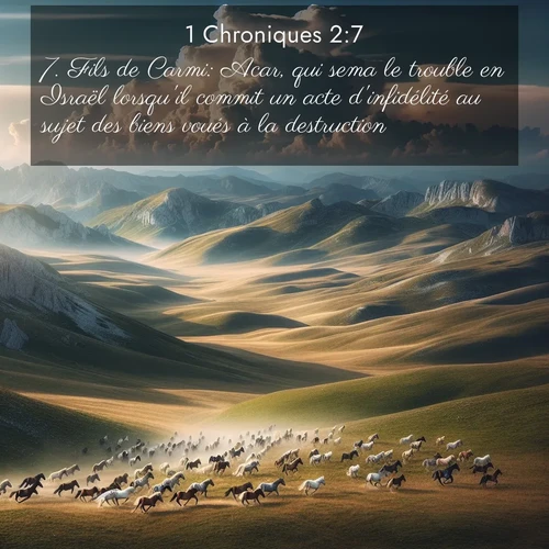 Segond21 1 Chroniques  ; image nature: image avec le verset biblique :Fils de Carmi: Acar, qui sema le trouble en Israël lorsqu&#039;il commit un acte d&#039;infidélité au sujet des biens voués à la destruction. ;  ; 2:7