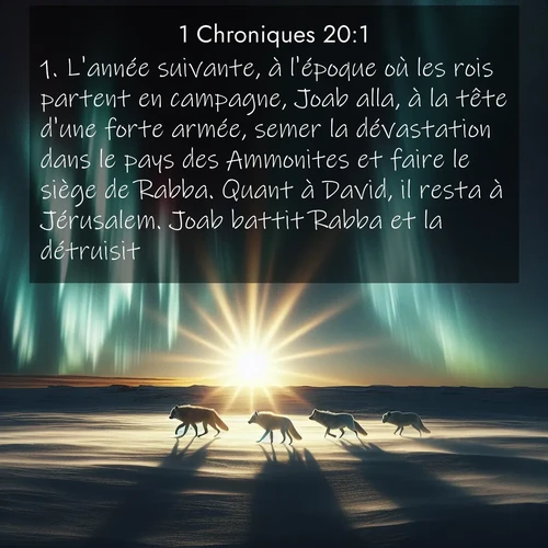 Segond21 1 Chroniques  ; image nature: image avec le verset biblique :L&#039;année suivante, à l&#039;époque où les rois partent en campagne, Joab alla, à la tête d&#039;une forte armée, semer la dévastation dans le pays des Ammonites et faire le siège de Rabba. Quant à David, il resta à Jérusalem. Joab battit Rabba et la détruisit. ;  ; 20:1