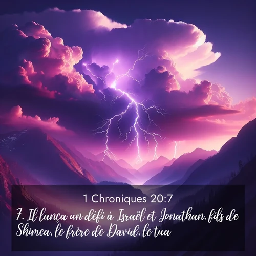 Segond21 1 Chroniques  ; image nature: image avec le verset biblique :Il lança un défi à Israël et Jonathan, fils de Shimea, le frère de David, le tua. ;  ; 20:7