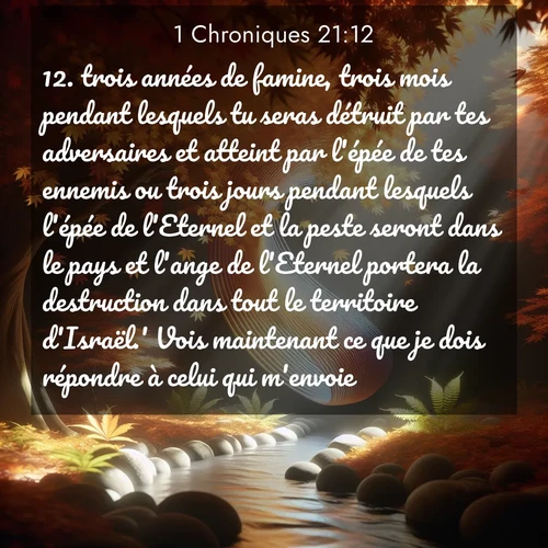 Segond21 1 Chroniques  ; image nature: image avec le verset biblique :trois années de famine, trois mois pendant lesquels tu seras détruit par tes adversaires et atteint par l&#039;épée de tes ennemis ou trois jours pendant lesquels l&#039;épée de l&#039;Eternel et la peste seront dans le pays et l&#039;ange de l&#039;Eternel portera la destruction dans tout le territoire d&#039;Israël.&#039; Vois maintenant ce que je dois répondre à celui qui m&#039;envoie.» ;  ; 21:12