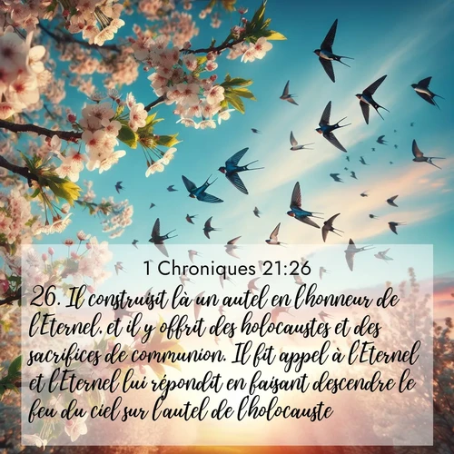 Segond21 1 Chroniques  ; image nature: image avec le verset biblique :Il construisit là un autel en l&#039;honneur de l&#039;Eternel, et il y offrit des holocaustes et des sacrifices de communion. Il fit appel à l&#039;Eternel et l&#039;Eternel lui répondit en faisant descendre le feu du ciel sur l&#039;autel de l&#039;holocauste. ;  ; 21:26